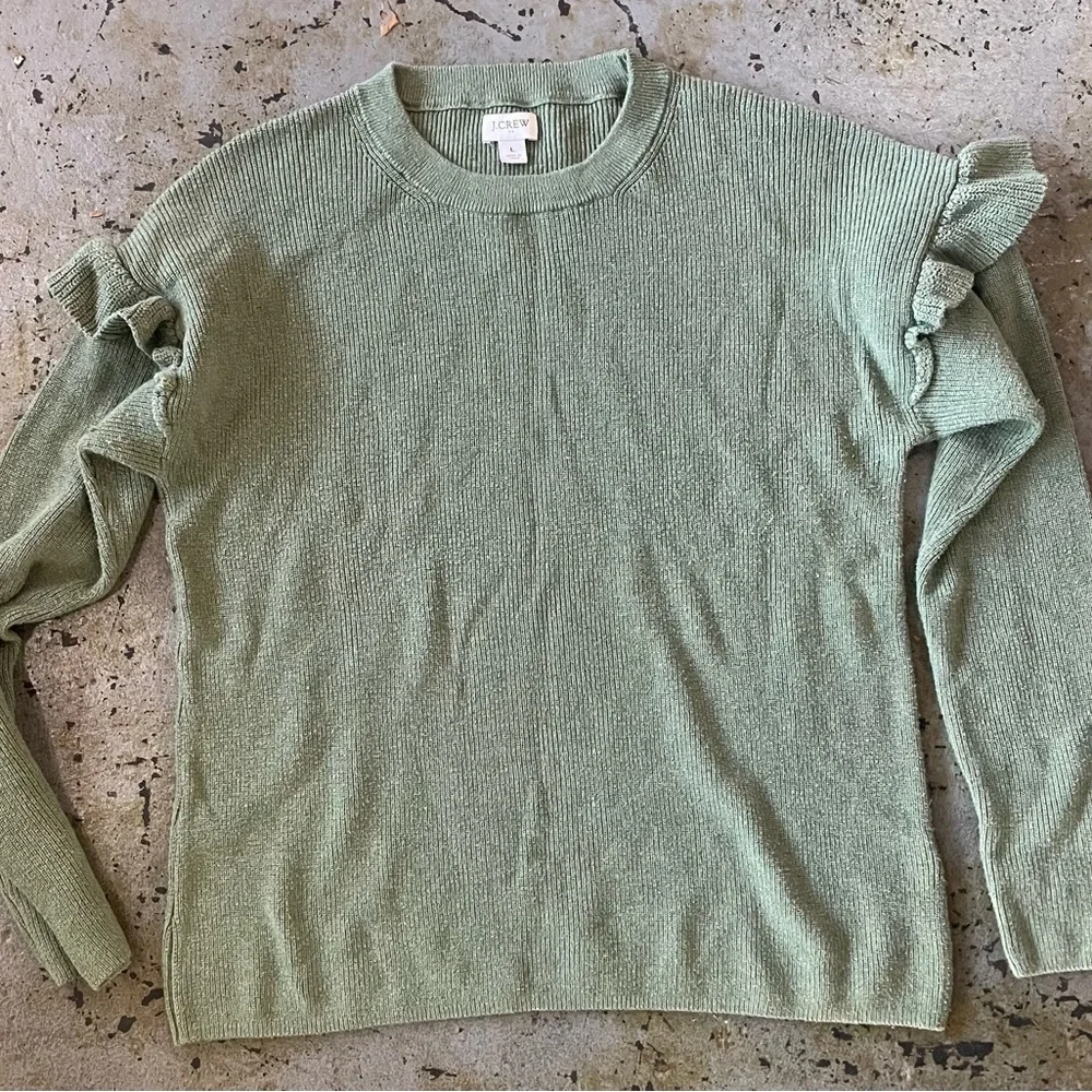 J. Crew Women's Sage Green Cotton Ruffle Long Sleeve Lightweight Sweater Sz L